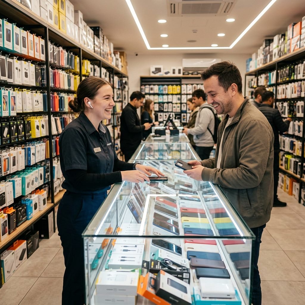 Staff assisting a customer at the accessories counter