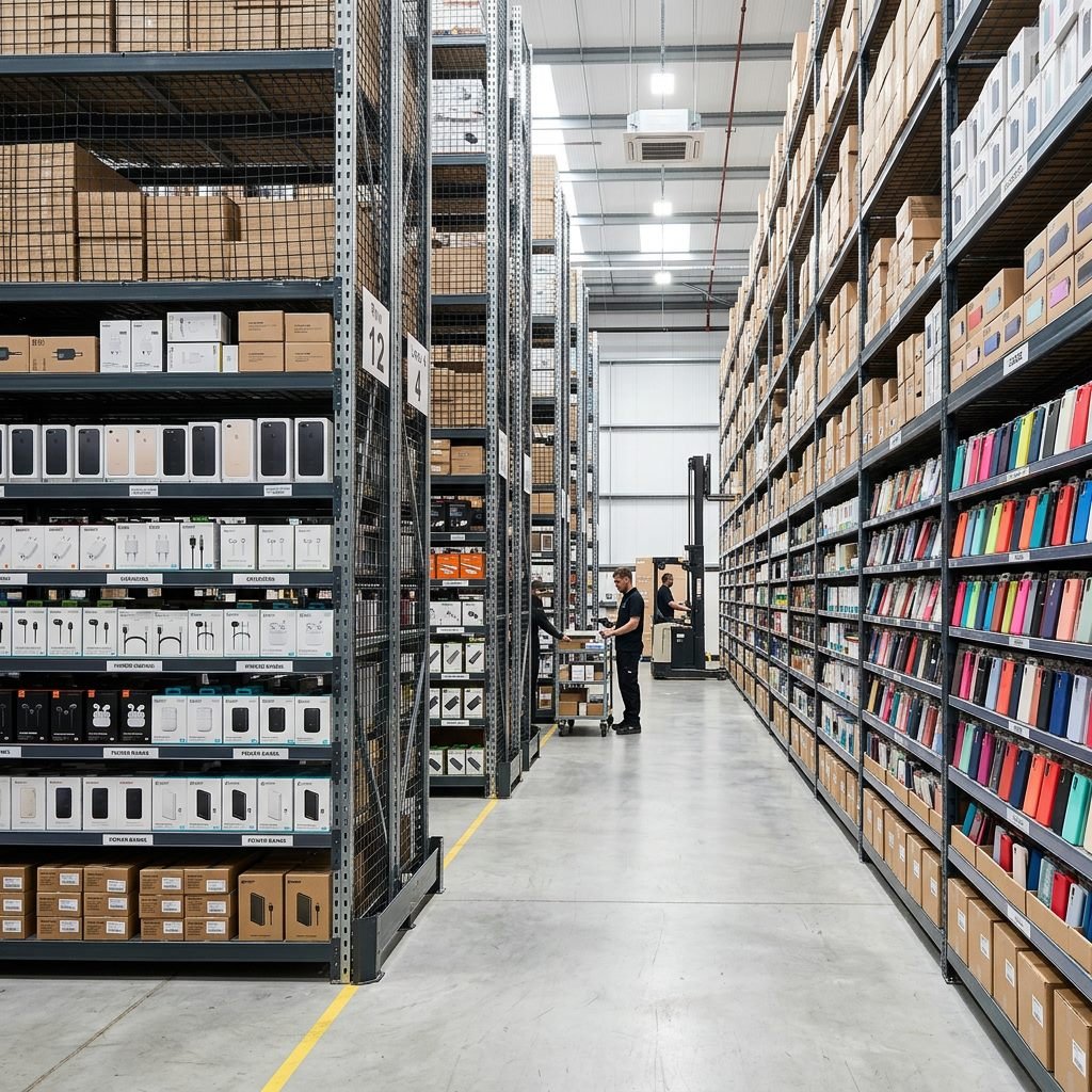 Warehouse shelves stocked with genuine mobile accessories