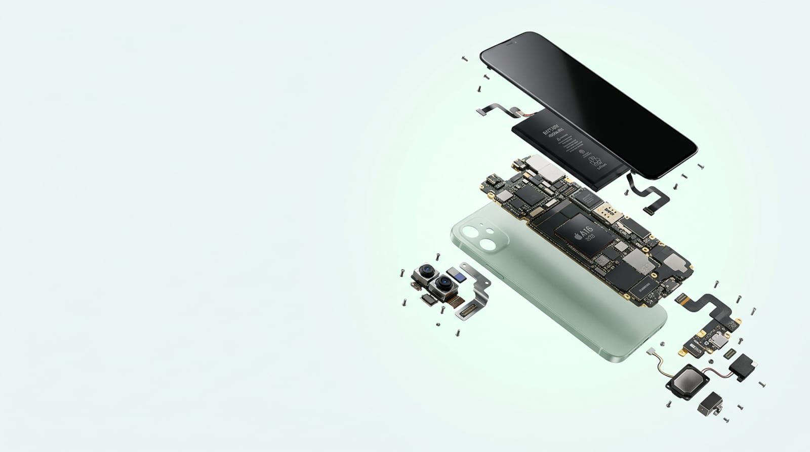 Exploded view of smartphone parts — screen, battery, camera, charging port and repair accessories